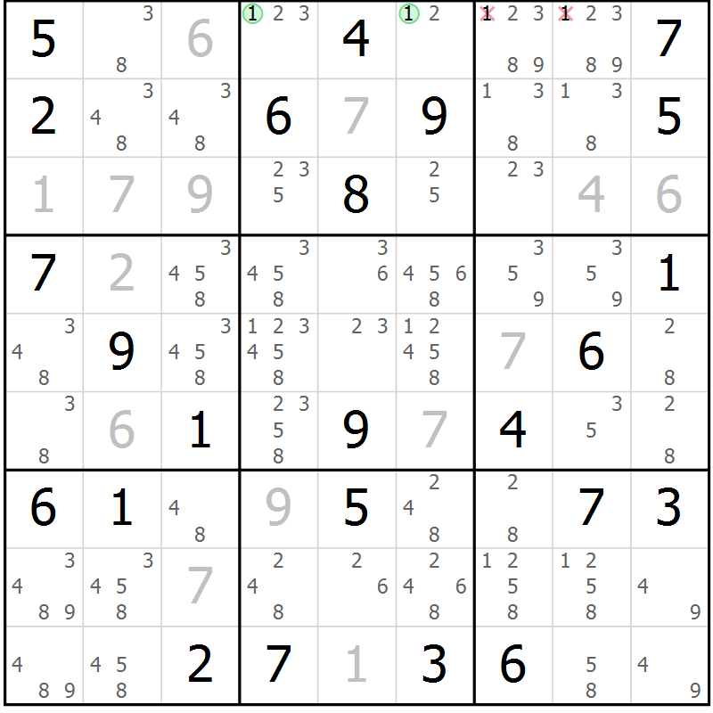 Position des candidats pour la solution de la Gr 81 page 84 du magazine de sudoku Virtuose n° 104
