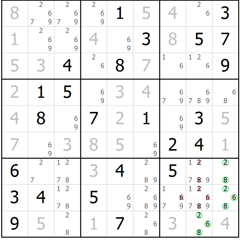 Position des candidats pour la solution de la Gr 82 page 85 du magazine de sudoku Virtuose n° 104