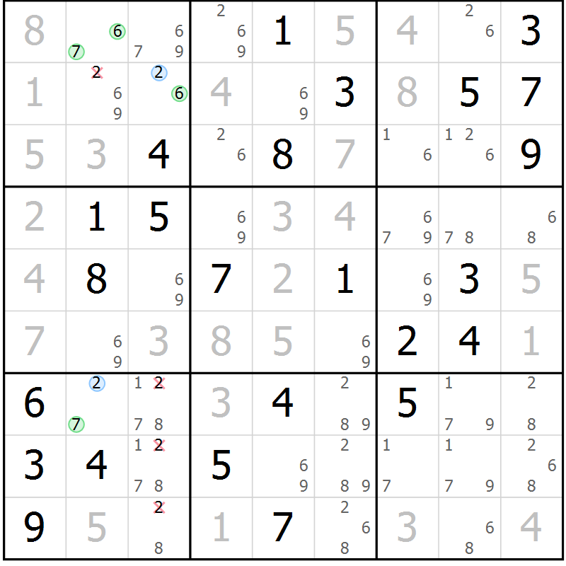 Position des candidats pour la solution de la Gr 82 page 85 du magazine de sudoku Virtuose n° 104