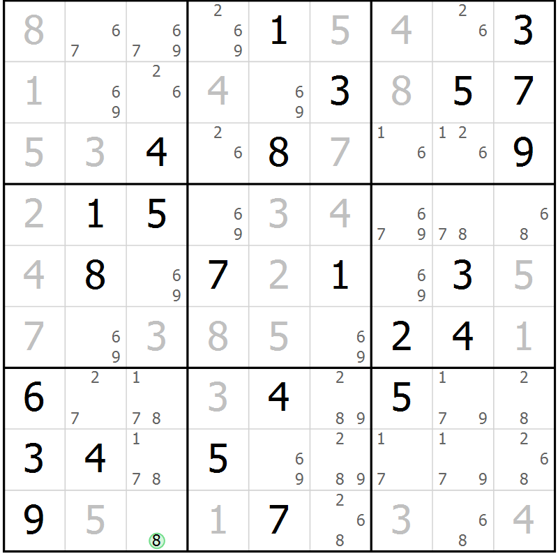 Position des candidats pour la solution de la Gr 82 page 85 du magazine de sudoku Virtuose n° 104