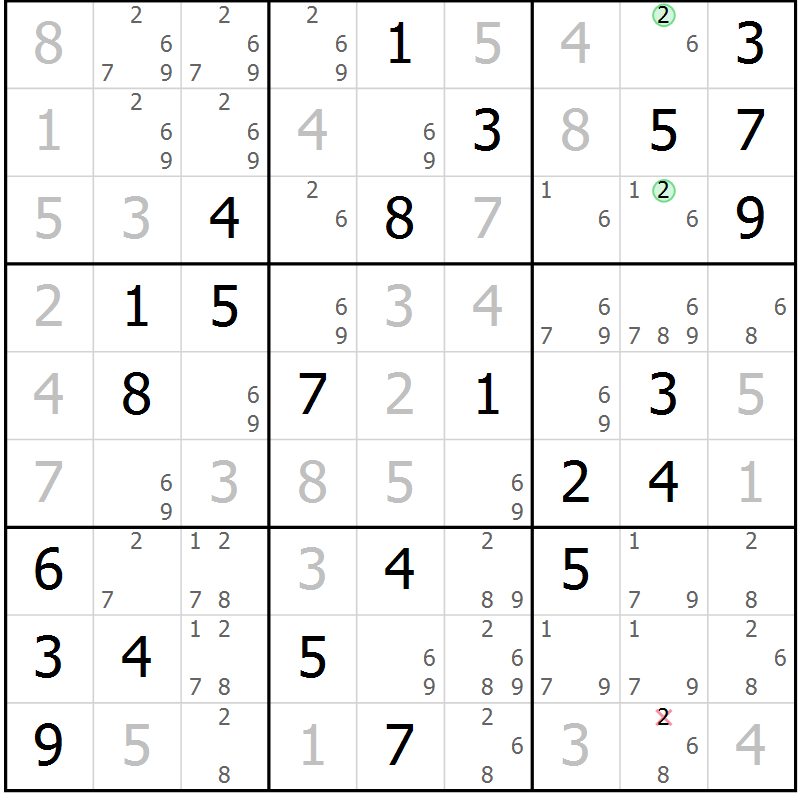 Position des candidats pour la solution de la Gr 82 page 85 du magazine de sudoku Virtuose n° 104