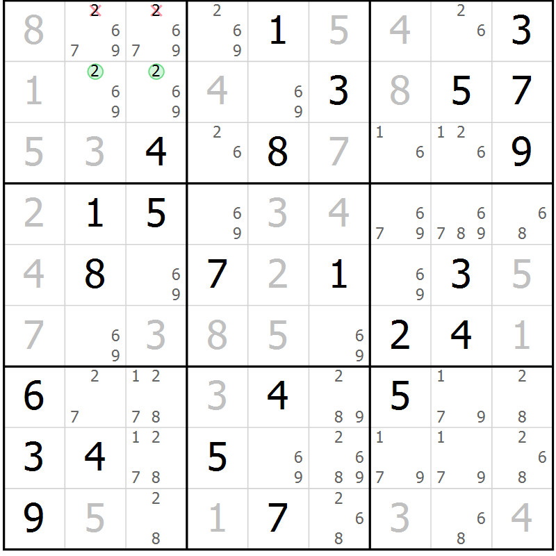Position des candidats pour la solution de la Gr 82 page 85 du magazine de sudoku Virtuose n° 104