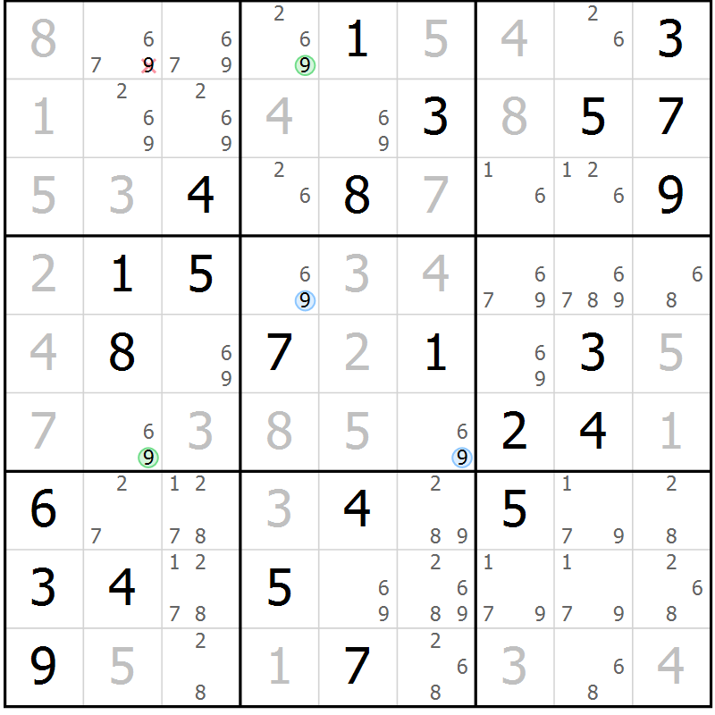 Position des candidats pour la solution de la Gr 82 page 85 du magazine de sudoku Virtuose n° 104