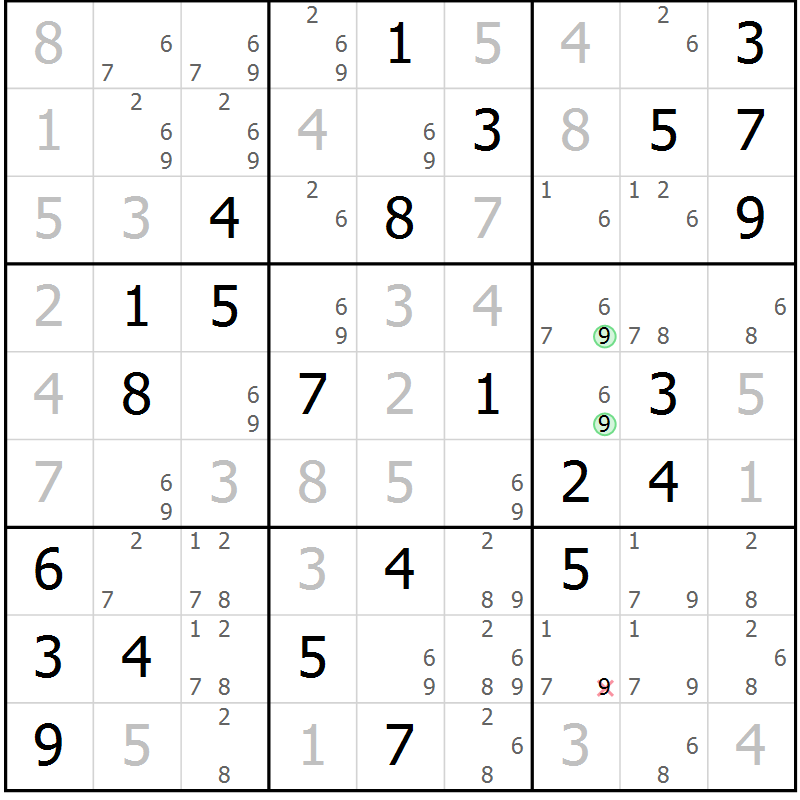 Position des candidats pour la solution de la Gr 82 page 85 du magazine de sudoku Virtuose n° 104