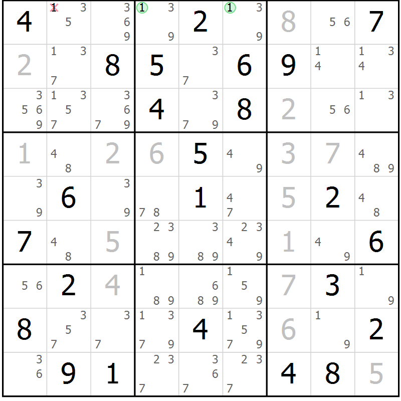 Position des candidats pour la solution de la Gr 83 page 86 du magazine de sudoku Virtuose n° 104