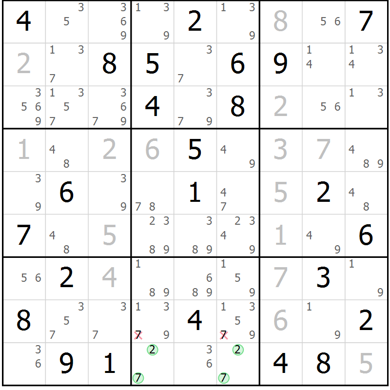 Position des candidats pour la solution de la Gr 83 page 86 du magazine de sudoku Virtuose n° 104