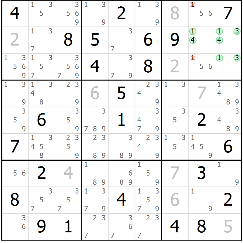 Position des candidats pour la solution de la Gr 83 page 86 du magazine de sudoku Virtuose n° 104