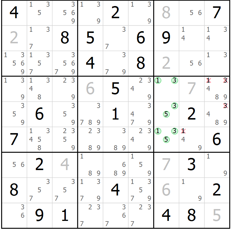 Position des candidats pour la solution de la Gr 83 page 86 du magazine de sudoku Virtuose n° 104