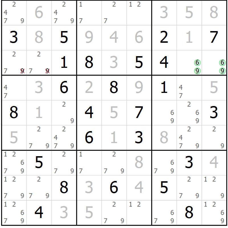 Position des candidats pour la solution de la Gr 84 page 87 du magazine de sudoku Virtuose n° 104