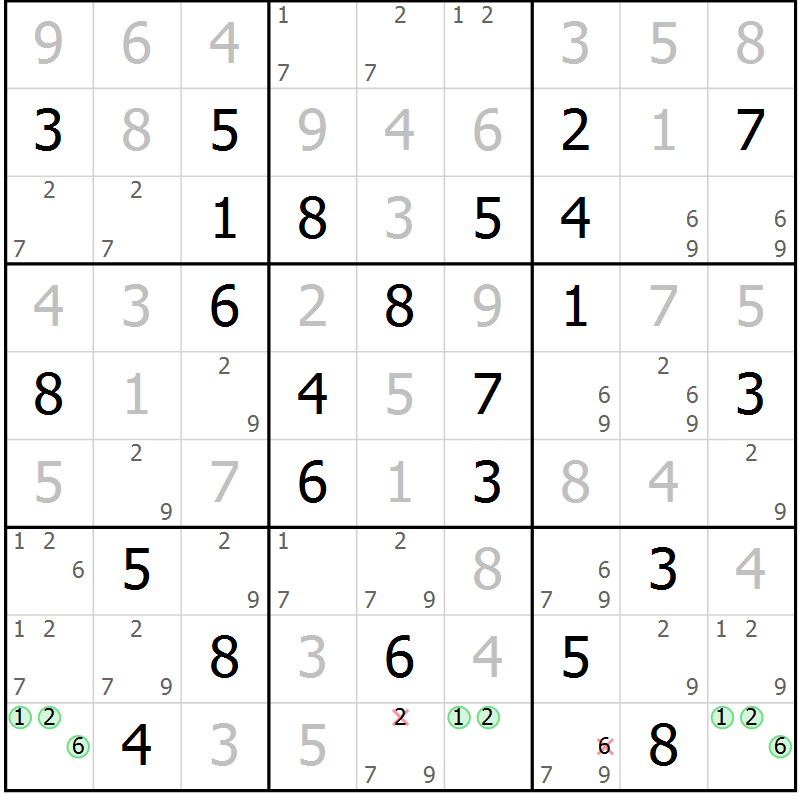 Position des candidats pour la solution de la Gr 84 page 87 du magazine de sudoku Virtuose n° 104