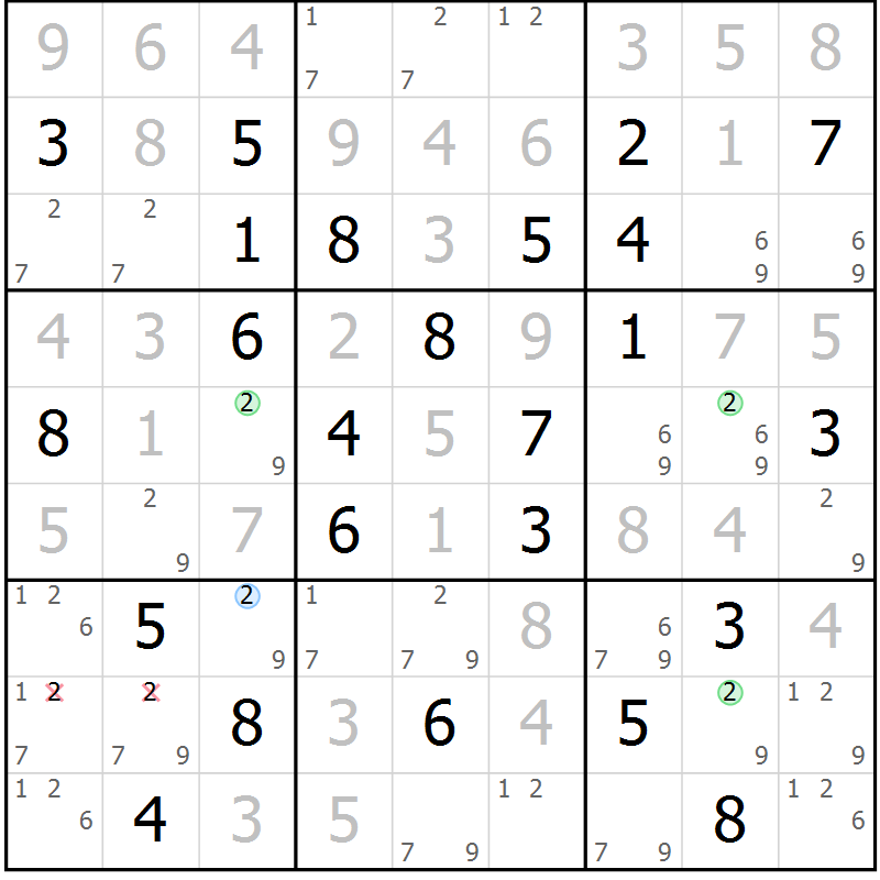 Position des candidats pour la solution de la Gr 84 page 87 du magazine de sudoku Virtuose n° 104