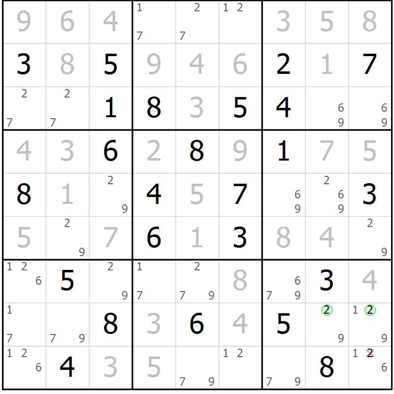 Position des candidats pour la solution de la Gr 84 page 87 du magazine de sudoku Virtuose n° 104