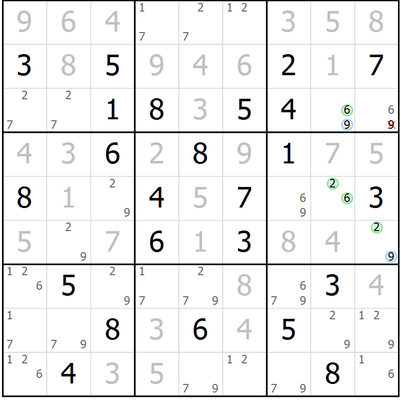 Position des candidats pour la solution de la Gr 84 page 87 du magazine de sudoku Virtuose n° 104