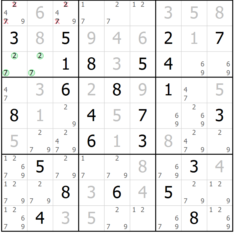 Position des candidats pour la solution de la Gr 84 page 87 du magazine de sudoku Virtuose n° 104