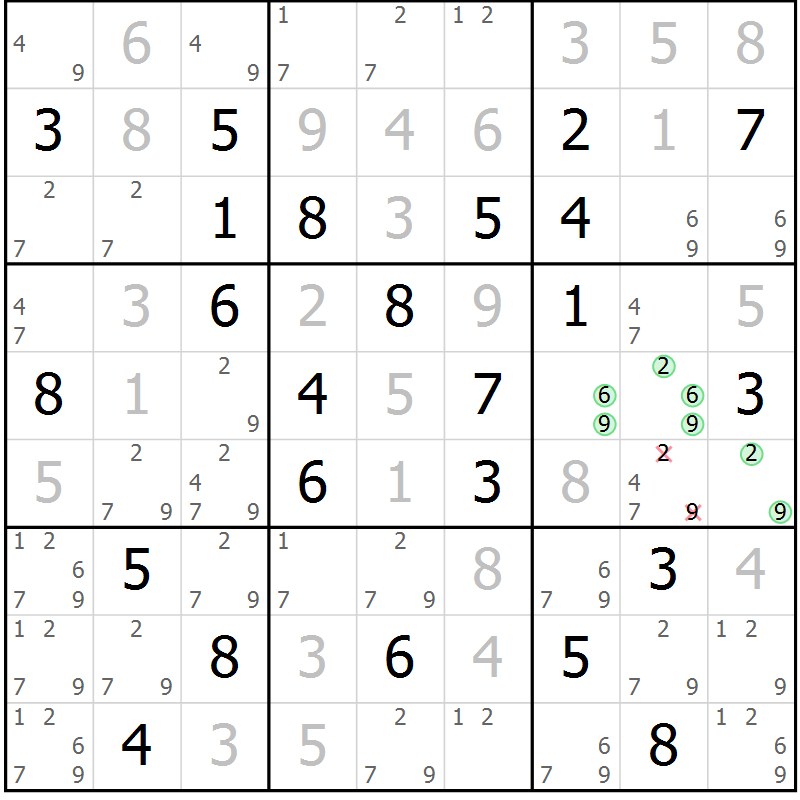 Position des candidats pour la solution de la Gr 84 page 87 du magazine de sudoku Virtuose n° 104