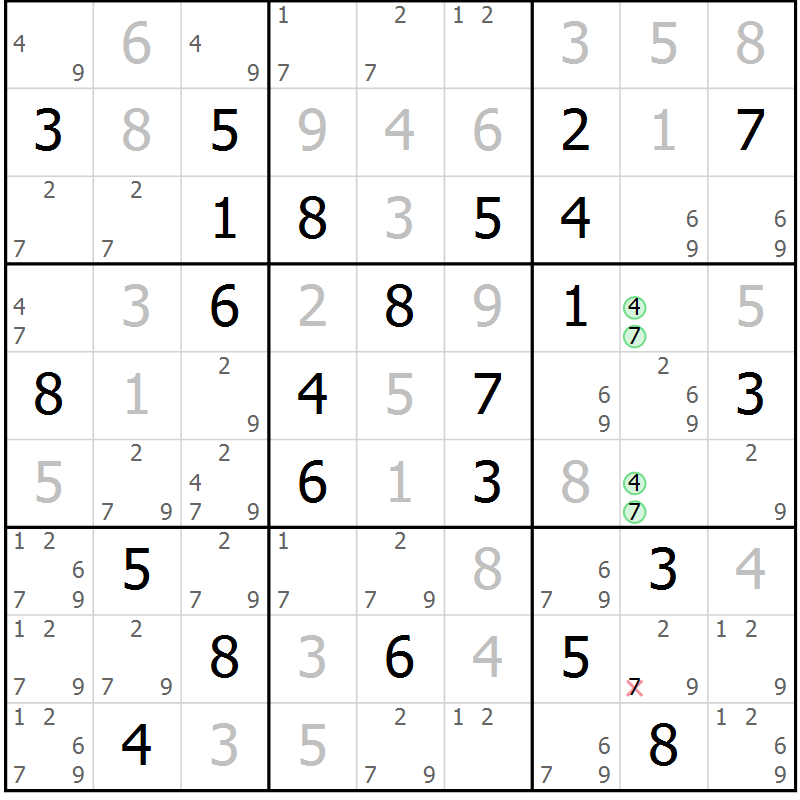 Position des candidats pour la solution de la Gr 84 page 87 du magazine de sudoku Virtuose n° 104