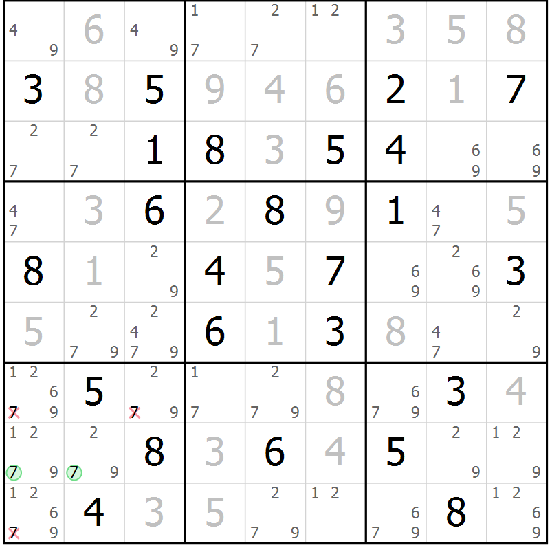 Position des candidats pour la solution de la Gr 84 page 87 du magazine de sudoku Virtuose n° 104