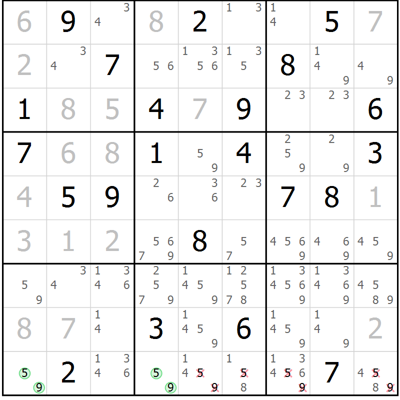 Position des candidats pour la solution de la Gr 9 page 12 du magazine de sudoku Virtuose n° 104