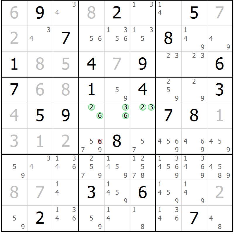 Position des candidats pour la solution de la Gr 9 page 12 du magazine de sudoku Virtuose n° 104