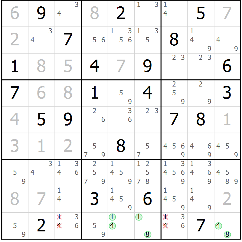 Position des candidats pour la solution de la Gr 9 page 12 du magazine de sudoku Virtuose n° 104