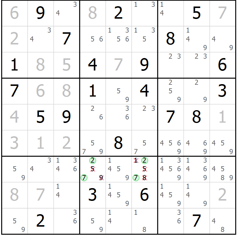 Position des candidats pour la solution de la Gr 9 page 12 du magazine de sudoku Virtuose n° 104
