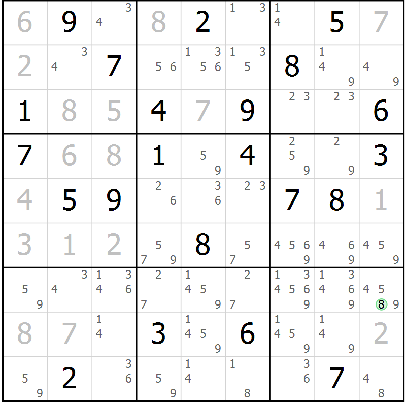 Position des candidats pour la solution de la Gr 9 page 12 du magazine de sudoku Virtuose n° 104