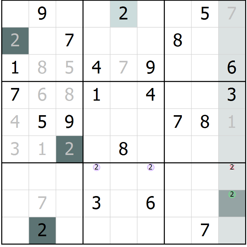 Position des candidats pour la solution de la Gr 9 page 12 du magazine de sudoku Virtuose n° 104