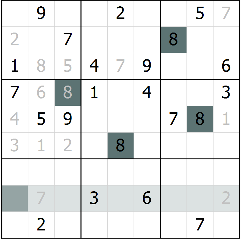 Position des candidats pour la solution de la Gr 9 page 12 du magazine de sudoku Virtuose n° 104