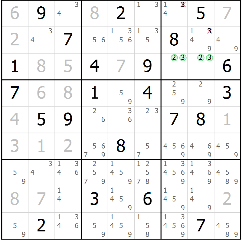 Position des candidats pour la solution de la Gr 9 page 12 du magazine de sudoku Virtuose n° 104