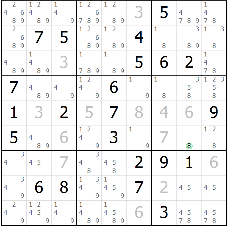 Position des candidats pour la solution de la Gr 1 page 4 du magazine de sudoku Virtuose n° 105