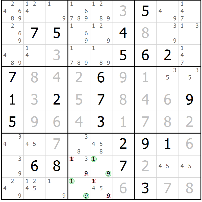 Position des candidats pour la solution de la Gr 1 page 4 du magazine de sudoku Virtuose n° 105