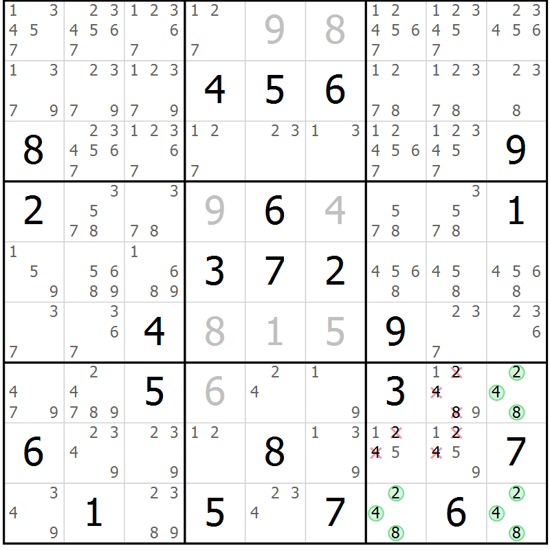 Position des candidats pour la solution de la Gr 10 page 13 du magazine de sudoku Virtuose n° 105