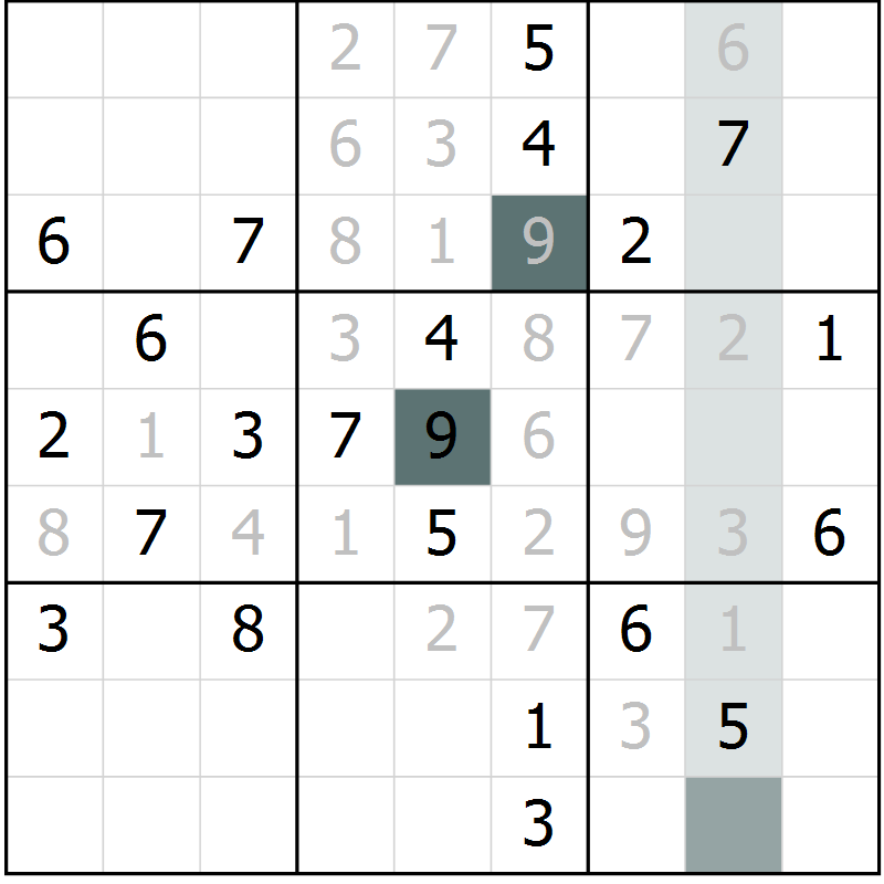 Position des candidats pour la solution de la Gr 11 page 14 du magazine de sudoku Virtuose n° 105