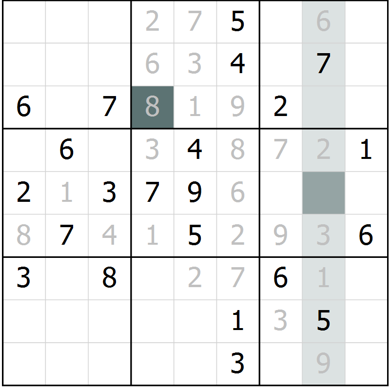 Position des candidats pour la solution de la Gr 11 page 14 du magazine de sudoku Virtuose n° 105