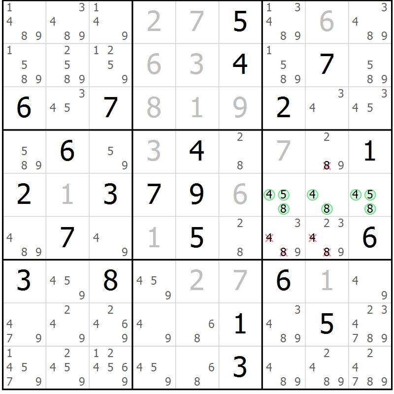 Position des candidats pour la solution de la Gr 11 page 14 du magazine de sudoku Virtuose n° 105