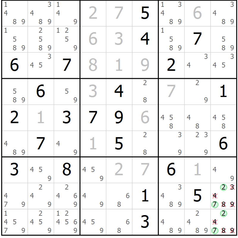 Position des candidats pour la solution de la Gr 11 page 14 du magazine de sudoku Virtuose n° 105