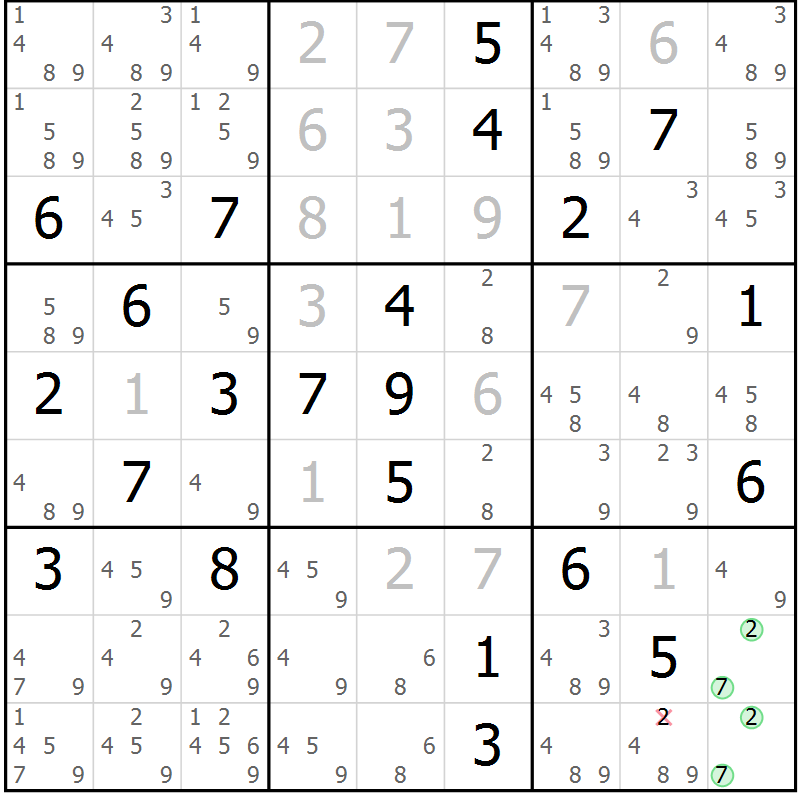Position des candidats pour la solution de la Gr 11 page 14 du magazine de sudoku Virtuose n° 105