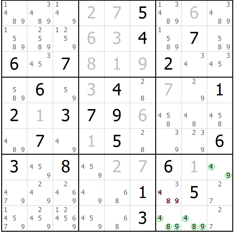 Position des candidats pour la solution de la Gr 11 page 14 du magazine de sudoku Virtuose n° 105