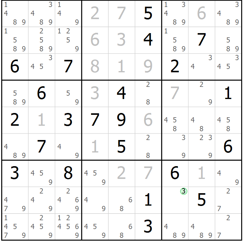 Position des candidats pour la solution de la Gr 11 page 14 du magazine de sudoku Virtuose n° 105