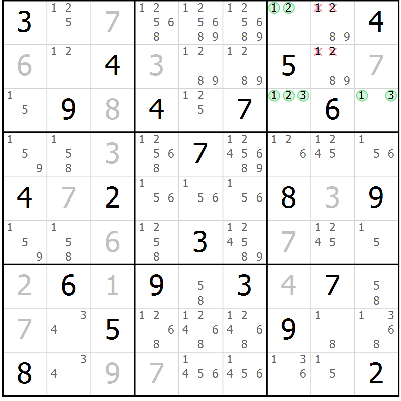Position des candidats pour la solution de la Gr 13 page 16 du magazine de sudoku Virtuose n° 105