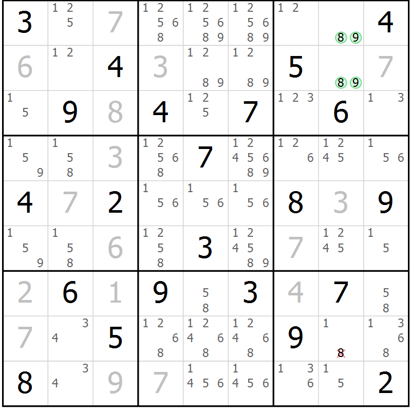 Position des candidats pour la solution de la Gr 13 page 16 du magazine de sudoku Virtuose n° 105