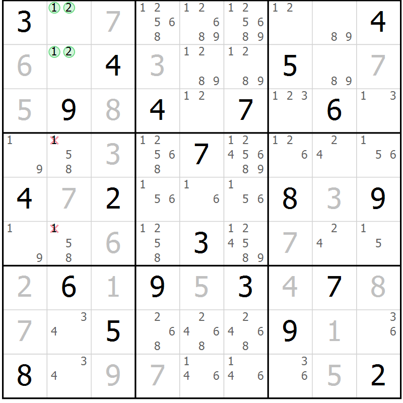 Position des candidats pour la solution de la Gr 13 page 16 du magazine de sudoku Virtuose n° 105
