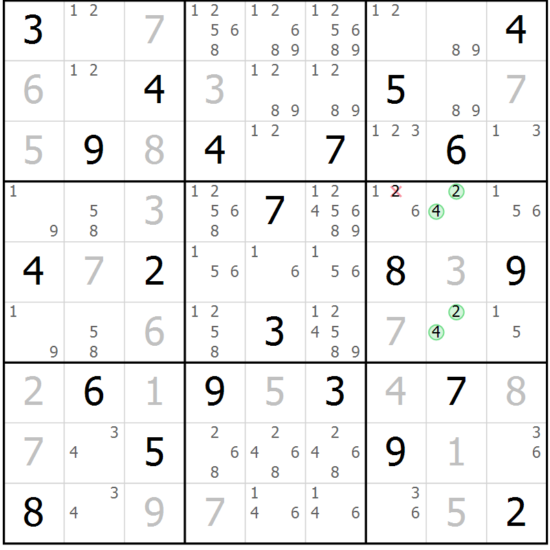 Position des candidats pour la solution de la Gr 13 page 16 du magazine de sudoku Virtuose n° 105