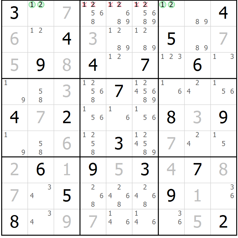 Position des candidats pour la solution de la Gr 13 page 16 du magazine de sudoku Virtuose n° 105