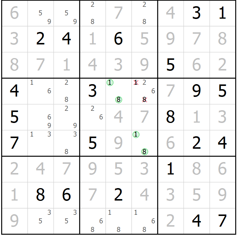 Position des candidats pour la solution de la Gr 14 page 17 du magazine de sudoku Virtuose n° 105