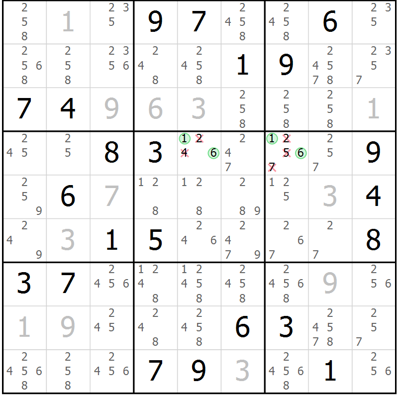 Position des candidats pour la solution de la Gr 16 page 19 du magazine de sudoku Virtuose n° 105