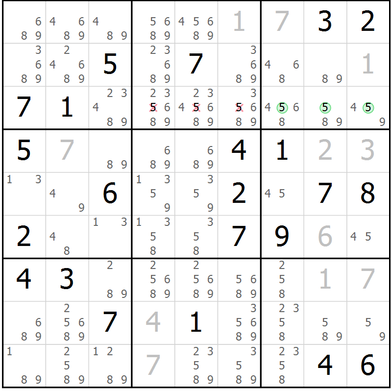 Position des candidats pour la solution de la Gr 17 page 20 du magazine de sudoku Virtuose n° 105