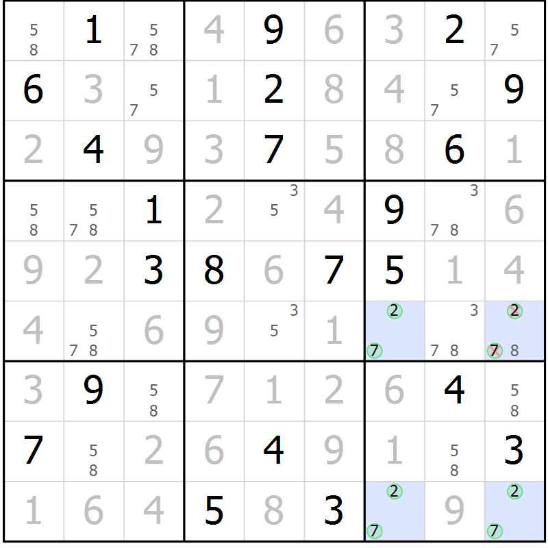 Position des candidats pour la solution de la Gr 18 page 21 du magazine de sudoku Virtuose n° 105
