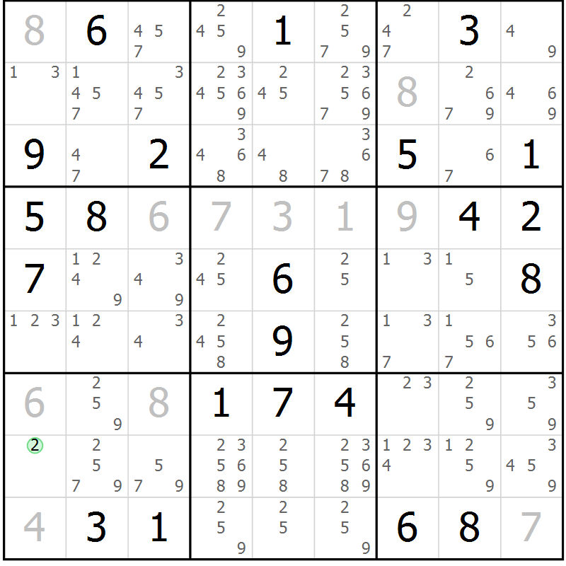 Position des candidats pour la solution de la Gr 2 page 5 du magazine de sudoku Virtuose n° 105