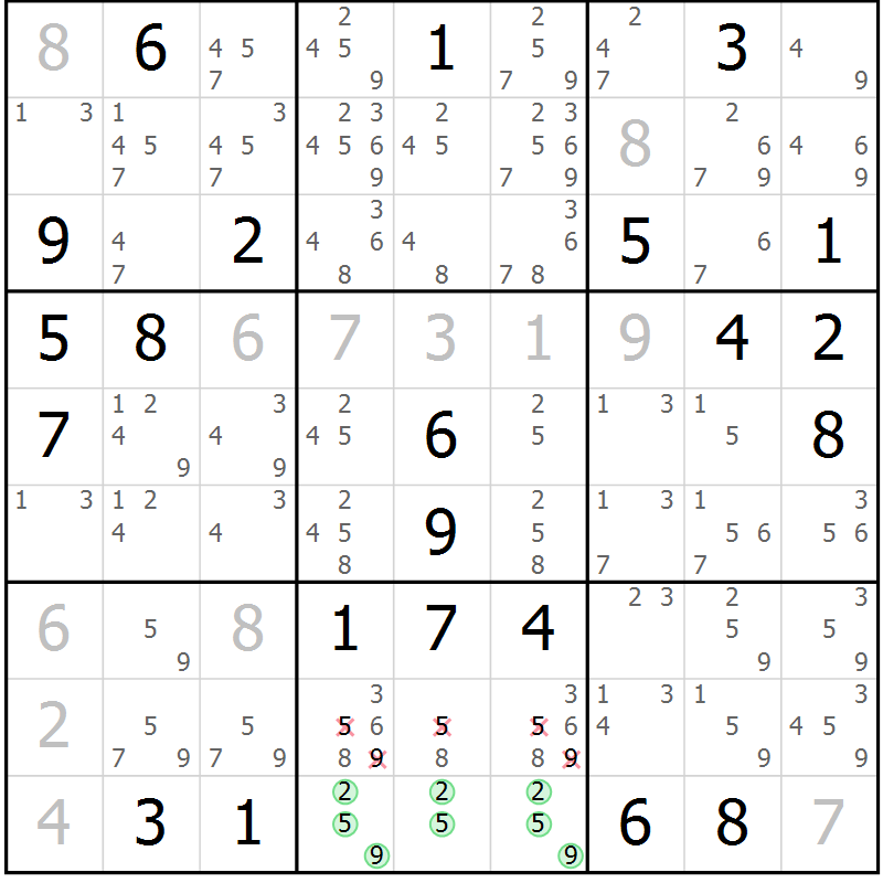 Position des candidats pour la solution de la Gr 2 page 5 du magazine de sudoku Virtuose n° 105